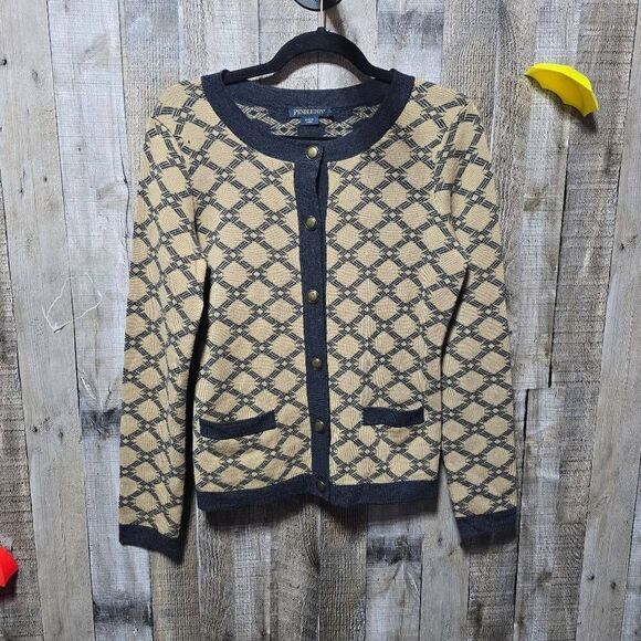Pendleton Sweaters - Pendleton Tan and Black Diamond Lattice Woven Merino Wool Cardigan